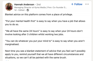 LinkedIn post talking abouut mental health and time management